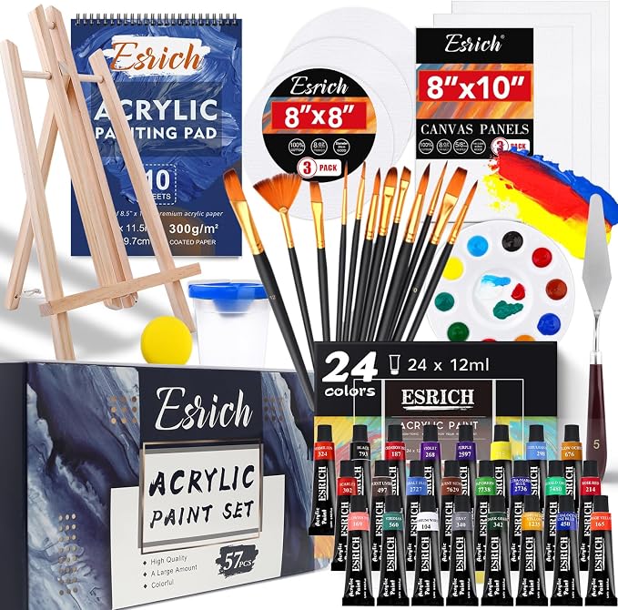 ESRICH 57PCS Acrylic Paint Canvas Painting Kit with 24 Paints