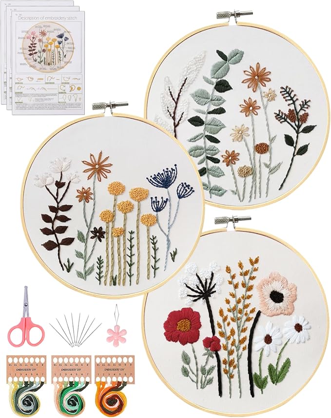 Santune 3 Sets Embroidery Kit,Cross Stitch Kits for Beginners,Needlepoint Kits for Adults with Easy Floral Pattern Hand Crafts,Hoop,Needle,Mothers Day Gifts