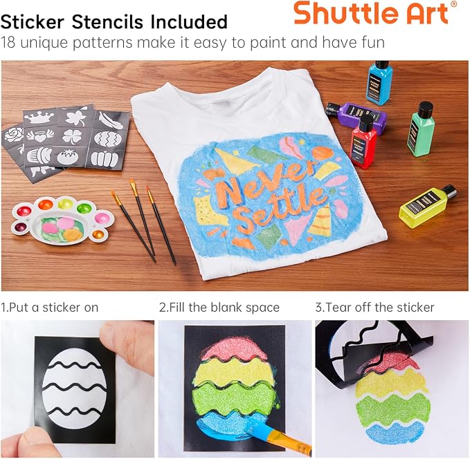 Metallic Fabric Paint, Shuttle Art 18 Metallic Colors Permanent Soft Fabric Paint in Bottles (60ml/2oz) with Brush and Stencils, Non-Toxic Textile Paint for T-shirts, Shoes, Jeans, Bags & DIY Projects