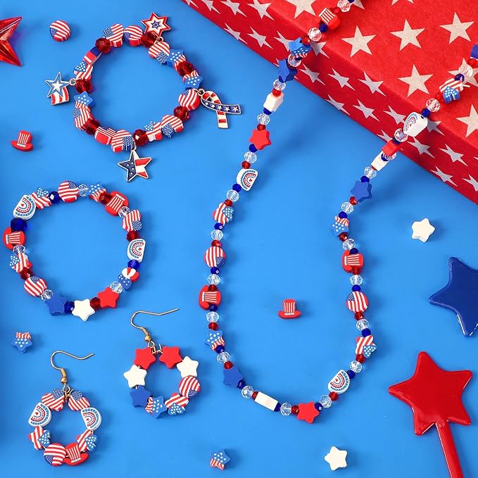 Augshy Patriotic Clay Beads,300Pcs Red White and Blue Beads for Bracelets