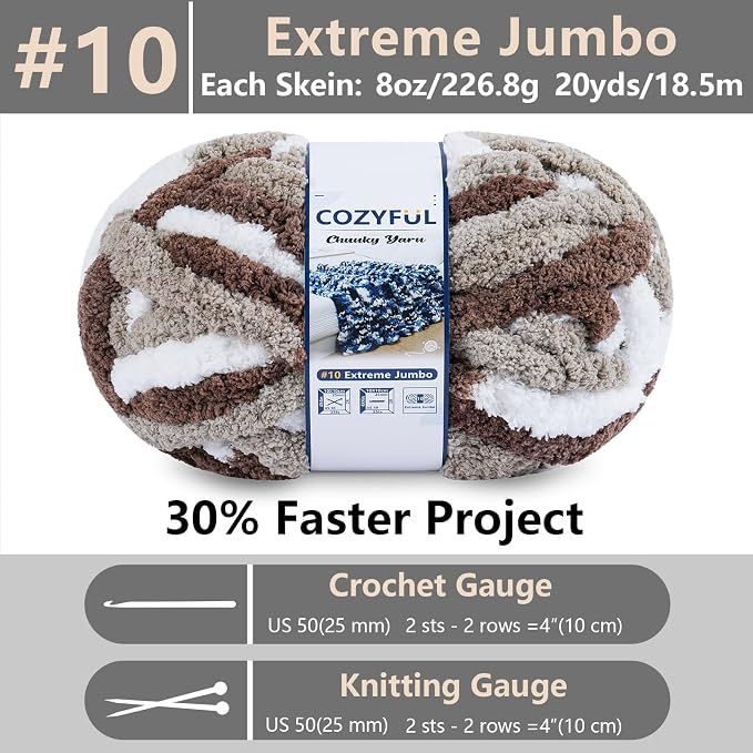 Cozyful Chunky Yarn for Hand Knitting - #10 Chunky Chenille Blanket Yarn, Jumbo Big Thick Chunky Yarns for Crocheting, Tie Dye Bulky Knit Yarns, 8 Skein (20 yds 8 oz Each Skein), Multi Coffee & White
