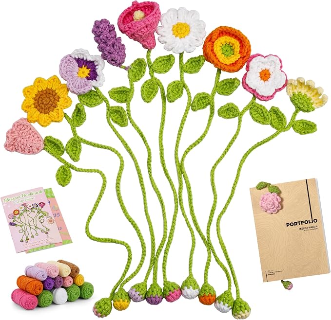 GarfxG Crochet Kit for Beginners Adults 10pcs Flower Bookmarks Knitting Kit
