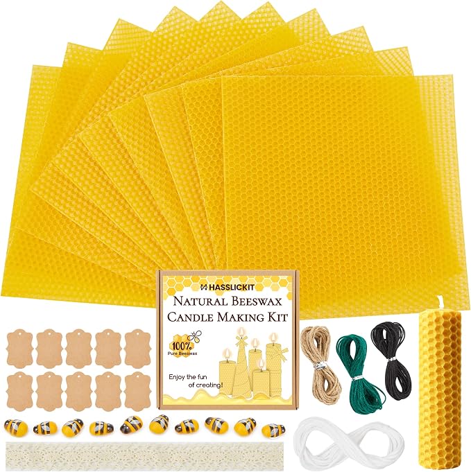 HASSLICKIT Natural Beeswax Candle Making Kit for Beginners-12 Beeswax Sheets for Candle Making Rolling DIY Kits (Natural Yellow Color, 8 x 8 inch)
