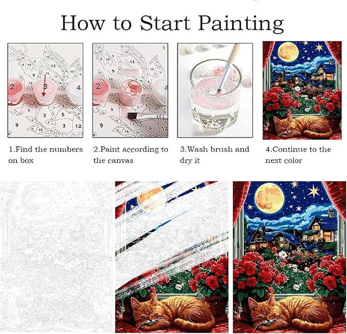 ZRIZQ Paint by Numbers Kit for Adults Beginner,Moon Cat,16x20 | Full set with wooden brushes,rolled canvas,rich paints.Calming activity.Beginner friendly.Just open and paint.
