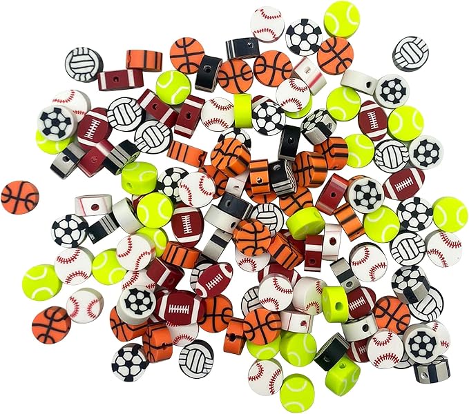 100 Pcs Sport Ball Polymer Clay Beads Mixed Heishi Spacer Beads Supplies for DIY Bracelet Earring Necklace Jewelry Making