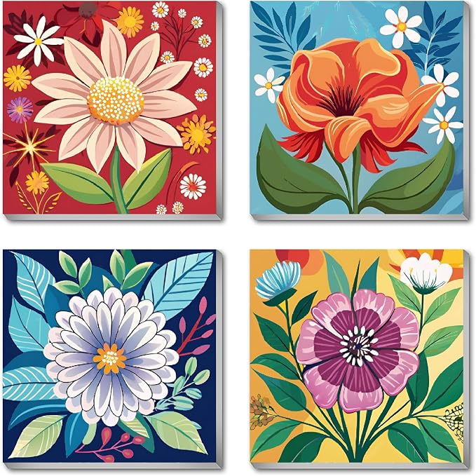 Canrichshop 4 Pack Framed Paint by Numbers Kit for Adults Beginner & All Ages 8-12 and More,Flowers Painting by Numbers, DIY Number Painting for Adults for Decor Present 8X 8 inch