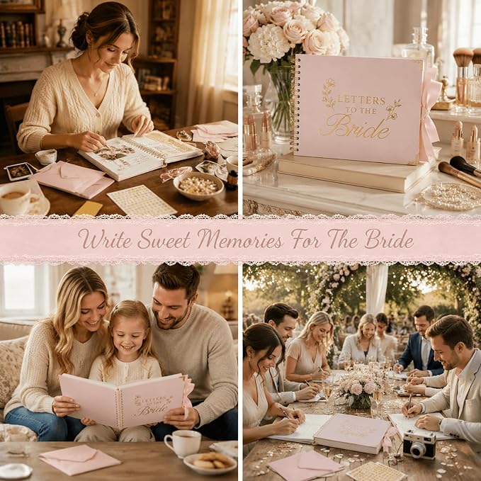 Ratutodax Letters to The Bride Scrapbook Kit,10"x8" DIY Wedding Guest Book | Blush Pink;Lay-flat gold coil design;50 blank pages of 180gsm;Fits 5" x 7" photos;160+ accessories;Bridal Shower Gift