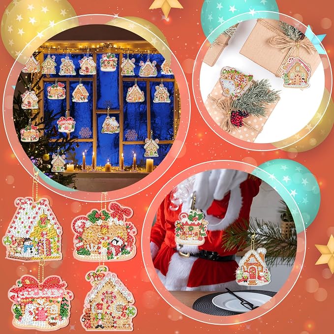 Tondiamo 20 Pcs Christmas Diamond Painting Keychain Kits 5D DIY Diamond Art Pendants Double Sided Hanging Key Chains for Christmas Party Decoration DIY (Gingerbread House)