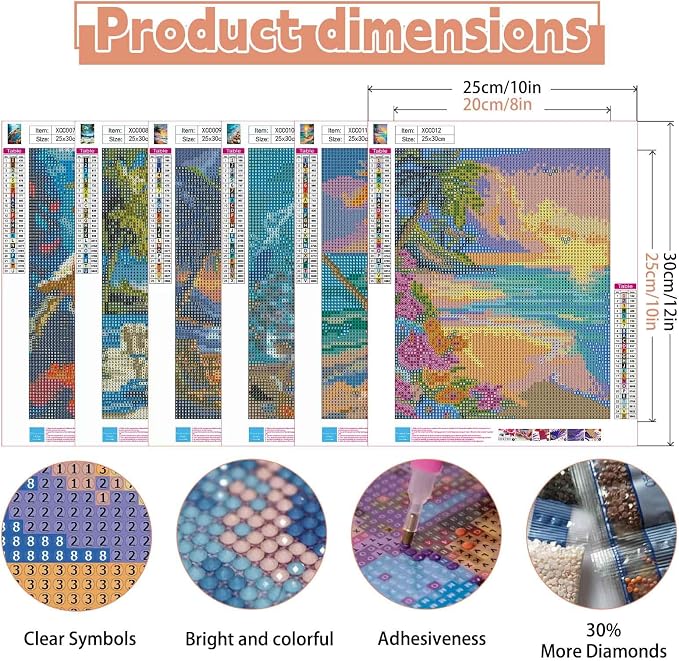 Ycydilirab 6 Pack Diamond Art Kits for Adults,Sea Turtle 5D Diamond Painting Kits for Adults,Seaside Scenery DIY Gem Painting Perfect for Gifts and Home Wall Decor 10x12inch
