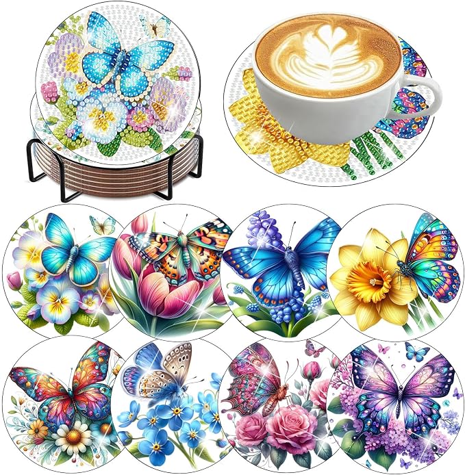 8 Pcs Diamond Art Coasters Kits, Butterfly Diamond Painting Coasters Kits
