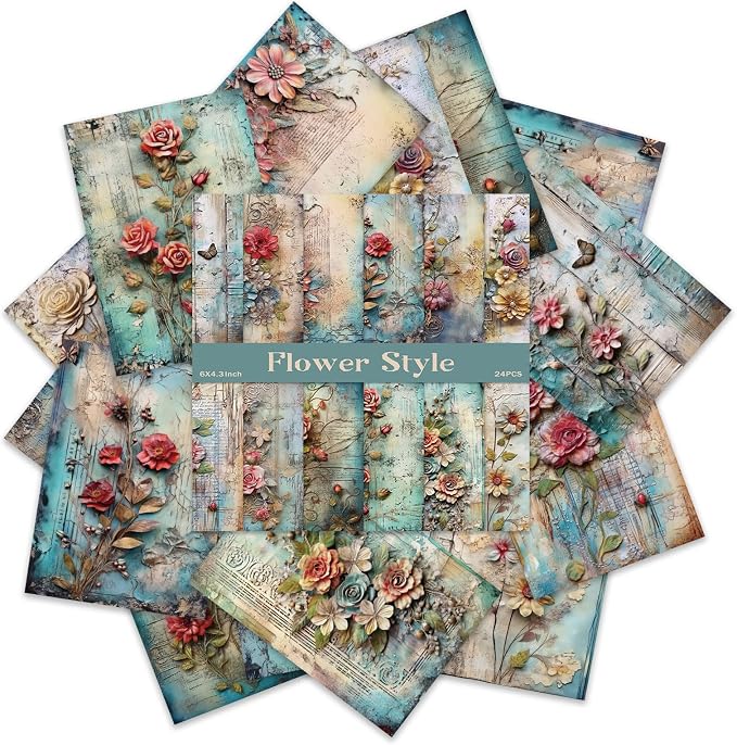 PRSTINCOL Scrapbook Paper,24 Sheets 6x4.3 Inch Floral scrapbook supplies,Single-Sided Vivid Origami Decoupage Paper for Diy Crafts, Card Making, Art Journaling