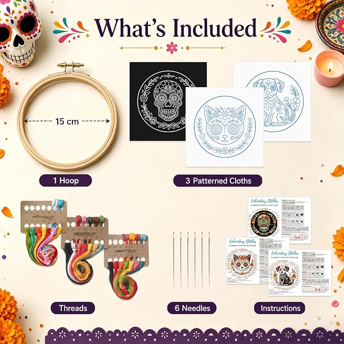 Nuberlic 3 Pack Sugar Skull Embroidery Kit for Beginners, Day of the Dead