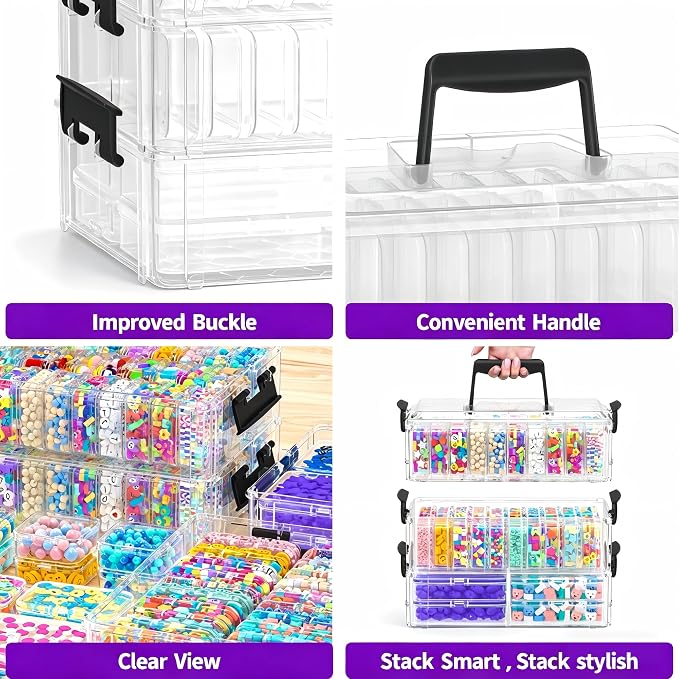 Bead Organizer Box 58 Pcs, 3-Tier Stackable Storage Box, and 3 Different Container Sizes Small Plastic Containers with Lids, Portability, Clear Organizers for Jewelry DIY Craft Storage