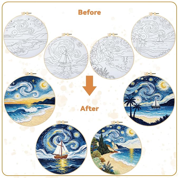 BEUNITONE 4pcs Embroidery Kit, Starry Sky & Beach Stamped Embroidery Kits with Hoop, Thread & Needles, Cross Stitch Kits Sewing Gifts for Adults and Beginners, DIY Craft for Relaxation