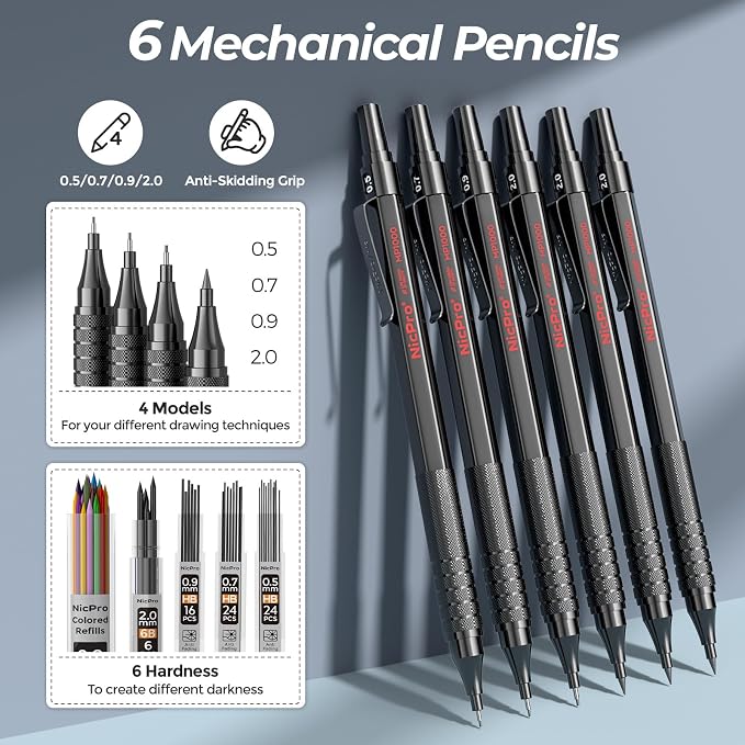 Nicpro 58PCS Art Drawing Supplies Kit in Leather Case,Pro Art Kit for Adult | Sketch Kit with 12 Micron Pen, 6 Metal Art Mechanical Pencil Set 0.5-2mm, 100 Sheets Sketch Book, Best Gift for Artist Teen