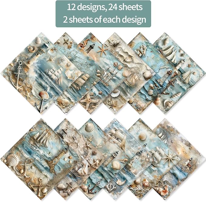 6x6" Cardstock Single Sided Scrapbooking,Craft Decorative Scrap Book Paper | 160gsm,24-Sheet 12Patterns Colored Paper,Junk Journal Supplies,Vivid Origami Papers DIY Craft Gift Wrapping Album.Nautical