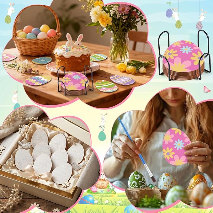 Reallnaive 8 Pcs Easter Eggs Paint by Numbers Kit for Adults Wooden Coaster | Mini Paint by Numbers, Tiny Cute Round Oil Painting Drink Coaster with Holder, for Small DIY Craft Birthday Gift