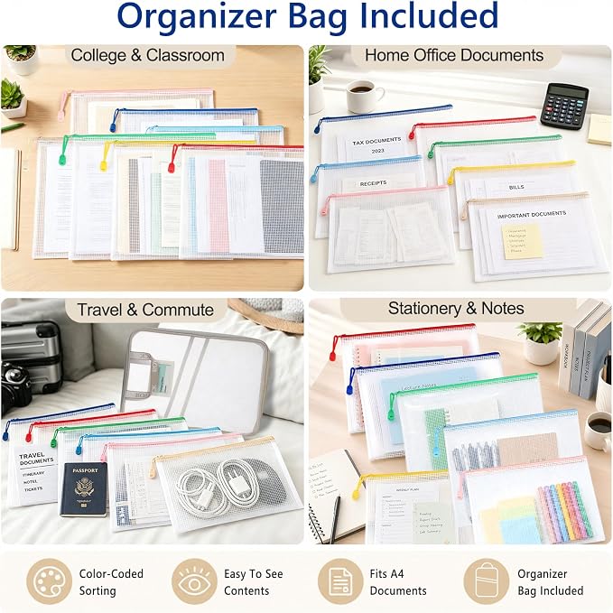7 Pack PVC Mesh Zipper Pouch Set with 1 Organizer Bag, 8pcs