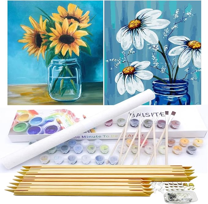 BAISITE Paint by Numbers Kit for Adults Beginners,12" Wx16 L 2 Pack Canvas for Painting Kits for Adults in Colorful Box-Daisy and Sunflowers 0304-DIY Frame