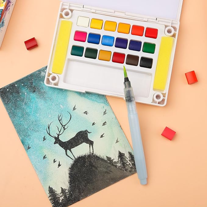 Watercolor Paint Set,Vivid Colors Travel Paint Set Graspable Painting Set Compact Size, Watercolor Kit with Water Brush Pens,24 Sheets Watercolor Papers,3 Online Tutorial Video - 18colors