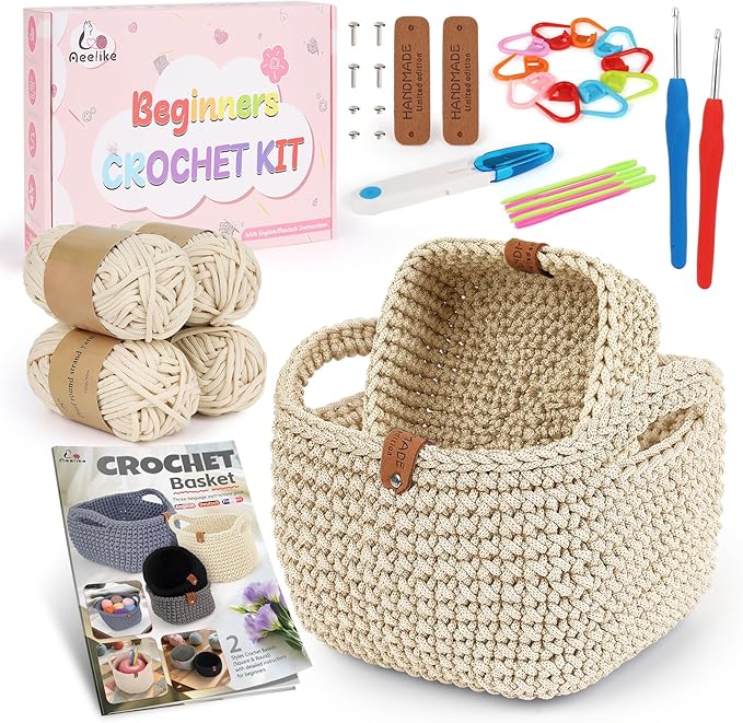 27PCS Crochet Basket Kit for Beginners,Beige Square Basket,Gift Box Package