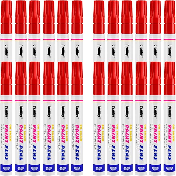 Red Paint Markers, 24 Pack Oil-Based Waterproof Quick Dry Permanent Paint Pen Set for Rocks Painting, Wood, Fabric, Plastic, Canvas, Glass, Mugs, Metal, Tire, Stone, DIY Craft