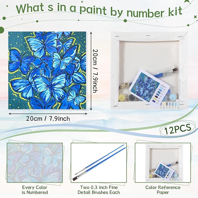 Nezyo 12 Sets Paint by Numbers with Frame for Adults, DIY Acrylic 8x8in | Beginner-friendly Canvas Kits, Party Activity or Birthday Gifts, Includes Brushes with Paints, Pre-framed Ready to Hang