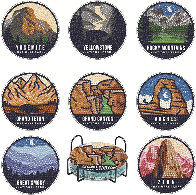 Baipisan 8 PCS National Park Diamond Art Coasters Kits, Diamond Painting Coasters with Holder Set of 8, DIY Drink Art Crafts Supplies for Adults Cup Mat House Warming Gifts Non-Slip 3.9inch