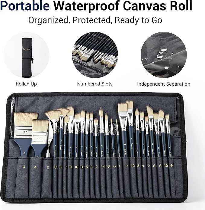 finenolo 25pcs Professional Paint Brush Set, 9 Shapes with Palette Knife | Synthetic bristles for smooth, even strokes, includes palette knife & canvas roll with slots, great for all skill levels