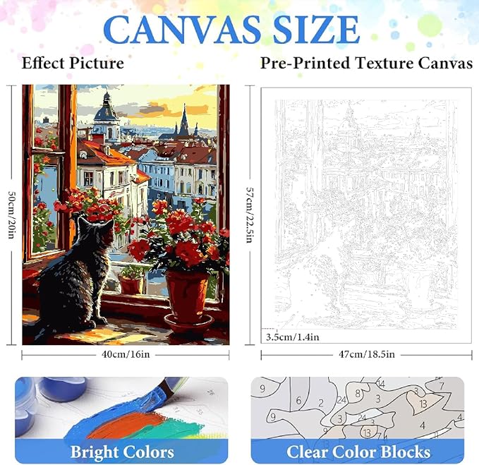 ZRIZQ Paint by Numbers Kit for Adults Beginner,Cityscape Cat,16x20 | Full set with wooden brushes,rolled canvas,rich paints.Calming activity.Beginner friendly.Just open and paint.