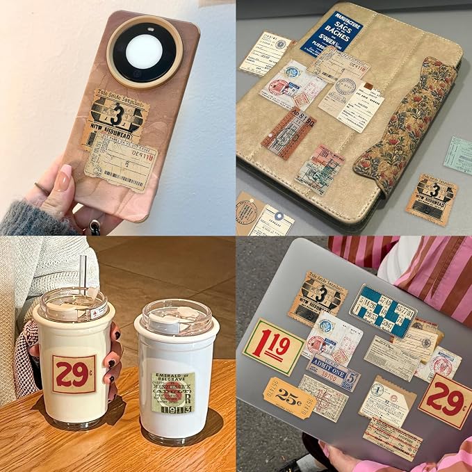 PRSTINCOL 100Pcs Vintage Sticker Pack - Scrapbooking Supplies & Junk Journal Accessories - Aesthetic Stickers for Water Bottles, Craft Kits, Bullet Journals - Retro Design