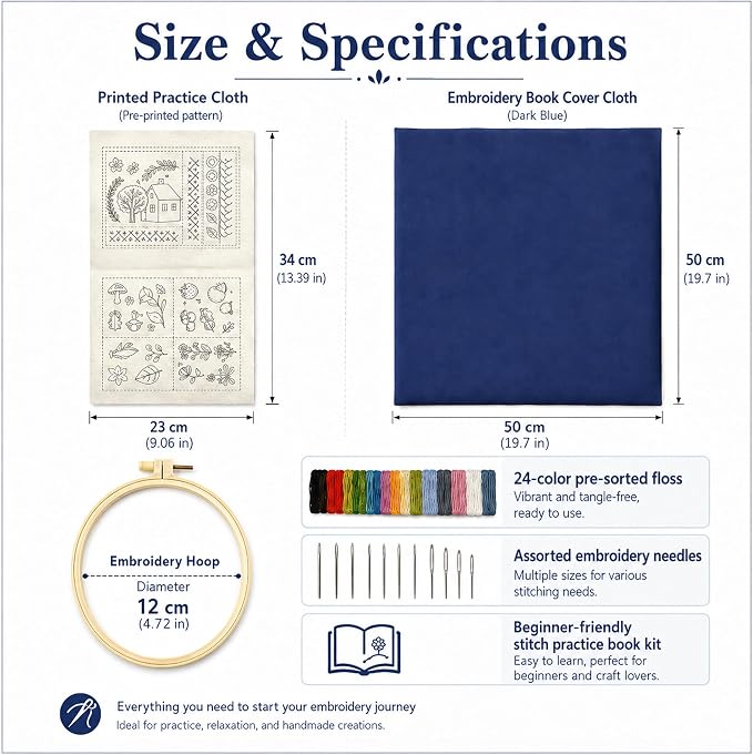 Zhenqing Embroidery Stitch Kit for Beginners, Stitch Practice Sampler Book with 200+ Patterns, Pre-Printed Fabric, Hoop, Threads, Needles & English Guide, DIY Needlework Learning Set