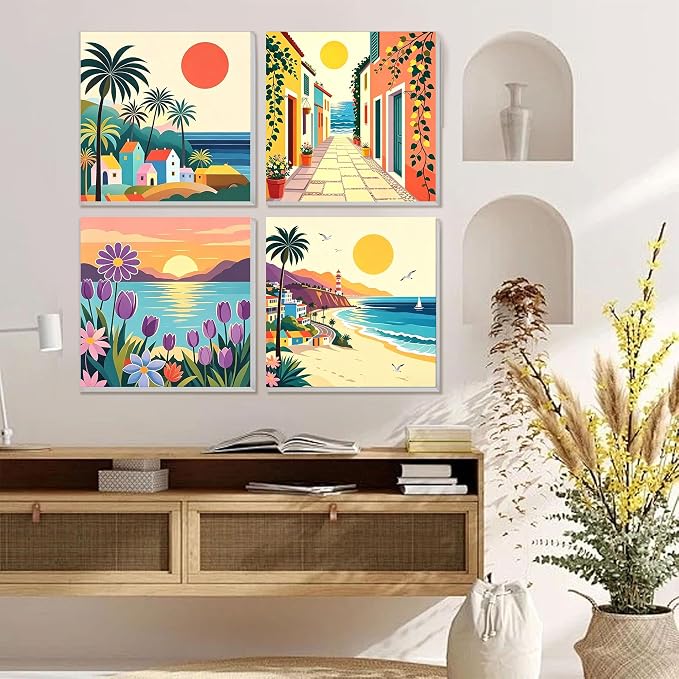 4 Pack Scenery Paint by Numbers for Adults with Frame Canvas - Wooden Easel | Landscape Paint by Number for Beginners, Easy Acrylic Oil Painting Kits with Brushes for Home Wall Decor (8x8 inch)