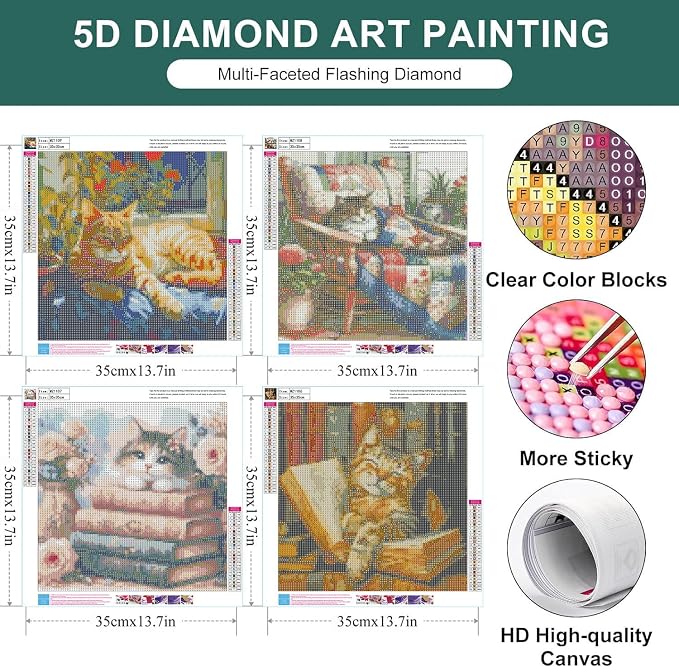 4 Pack Diamond Art Kits for Adults, Cat Diamond Painting Kits 13.8x13.8inch