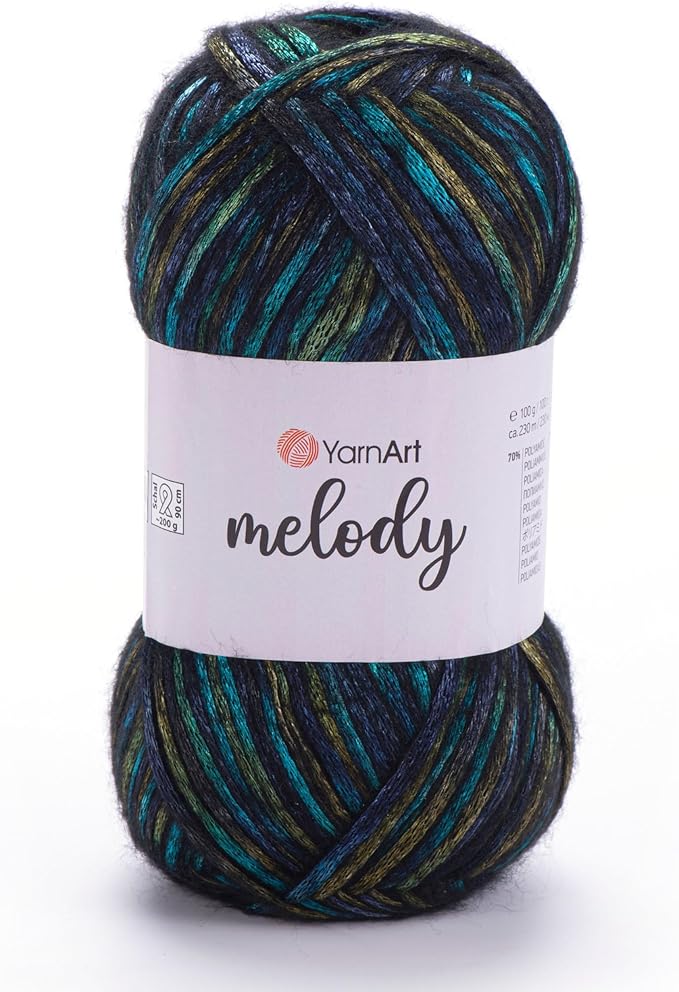 YarnArt Melody Variegated Chainette – Metallic Sheen Fiber for Knitting, Crochet & Embroidery, 100g (3.5 oz) Skein, 230m (251 yd), Premium Blend of 70% Polyamide 21% Acrylic 9% Wool (906)