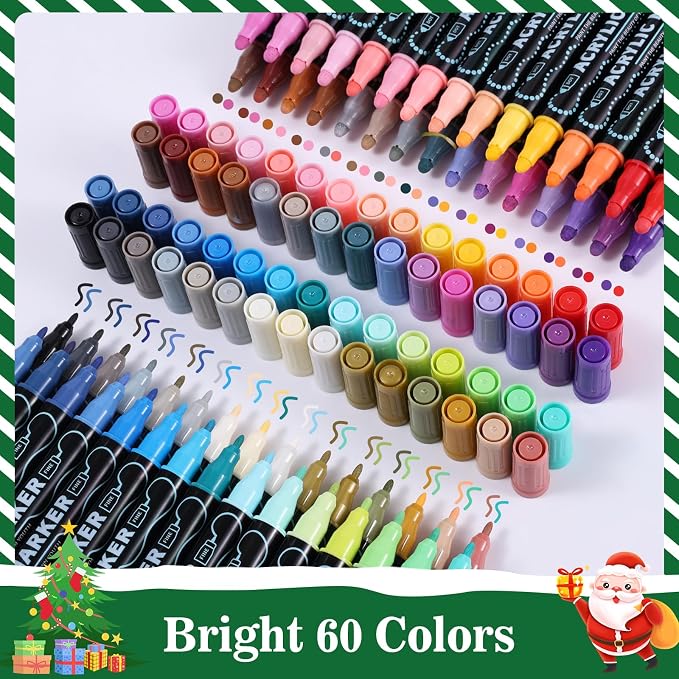 nauets 60 Colors Precision Dual Tip Acrylic Paint Markers Pens - Dot & Fine | Works on Rock, Wood, Fabric, Canvas, Glass, Scrapbook, Paper, Ceramic, Egg, DIY Craft Art Gift - Classroom & School Supplies