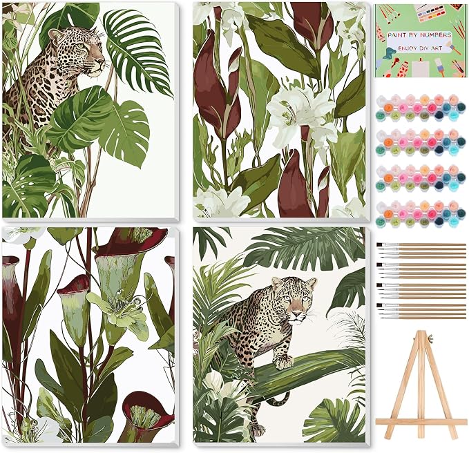 Qoosea Paint by Numbers Kit for Adults with Framed Canvas 4 Pack | Leopard Paint by Number Arts Kits for Beginner with Wooden Easel, Acrylic Set, Brushes for Home Decor, 9*12 Inch