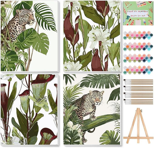 Qoosea Paint by Numbers Kit for Adults with Framed Canvas 4 Pack | Leopard Paint by Number Arts Kits for Beginner with Wooden Easel, Acrylic Set, Brushes for Home Decor, 9*12 Inch