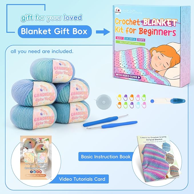 Aeelike Crochet Blanket Kit for Beginners, Easy Blanket Crochet Kits, Blue