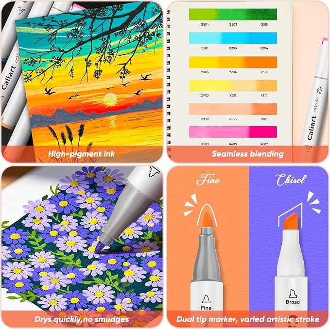 Caliart Alcohol Markers 41 Colors Fine & Chisel Dual Tip Coloring Markers | Permanent Sketch Art Markers Set for Beginners Artists Adult Coloring Books Drawing Illustration Painting School Art Supplies