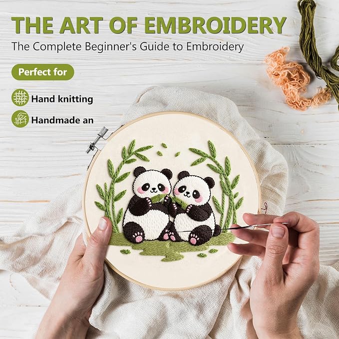 Santune Beginners Embroidery Kit for Adult Needlepoint Cross Stitch Kits Needle Point Sets with Panda Embroidery Patterns, Includes Step-By-Step Instructions and Accessories