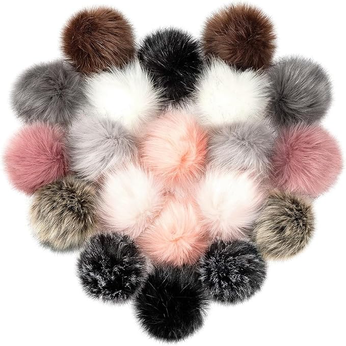 20 Pcs Fluffy Faux Fur Pom Poms for Hat, Craft Supplies, 10 Dark Colors