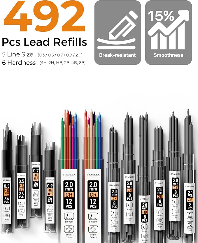 STAGEEK 37PCS Mechanical Pencil Set with Case, 0.3, 0.5, 0.7, 0.9 ＆2PCS 2mm | Drawing Pencils with 492PCS Lead Refills (6B 4B 2B HB 2H 4H Color), Erasers, Sharpeners, Artist Pencil for Sketching Drafting