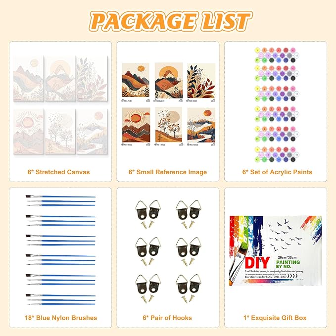KEYIFA 6 Pack Paint by Numbers Kit, Stretched Canvas Boards for Painting for Adults, No Crease Acrylic Oil Painting for Students Beginners Favor Sip & Paint Party Supplies, Mountain Landscape (8x12)