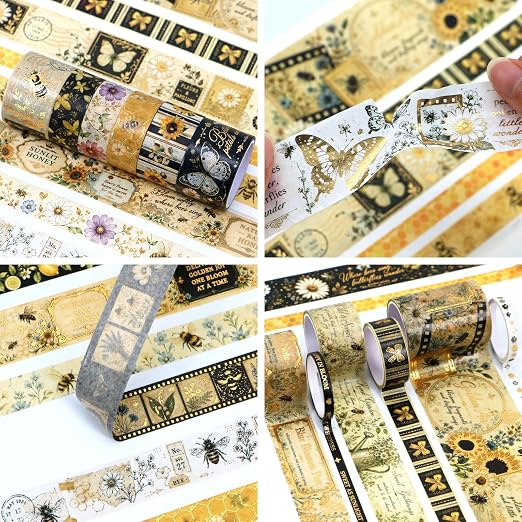 Bee Washi Tape Set 23 Rolls - 7 Sizes | Decorative Tape for Junk Journal Supplies, Scrapbook, Planner