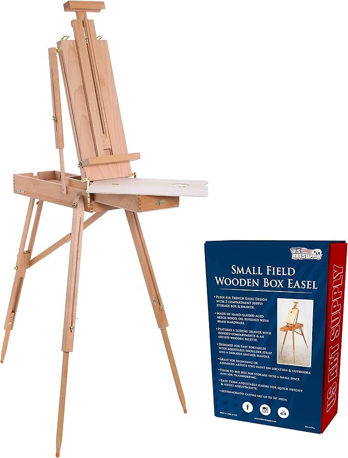 U.S. Art Supply Small Wooden French Style Field & Studio Sketchbox Easel | Art Easel for Adults, Drawer, Palette - Adjustable Wood Tripod Stand, Portable Artist Table For Painting, Sketching