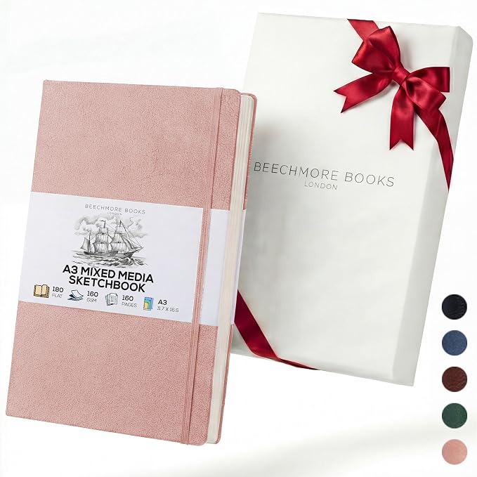 Beechmore Books A3 11.7x16.5 Mixed Media Sketchbook 160 GSM/98lb, Gift Box | Hardcover Drawing Pad with Lay-Flat Binding, Extra Large Perforated Ivory Paper for Studio Drawing & Watercolor Work
