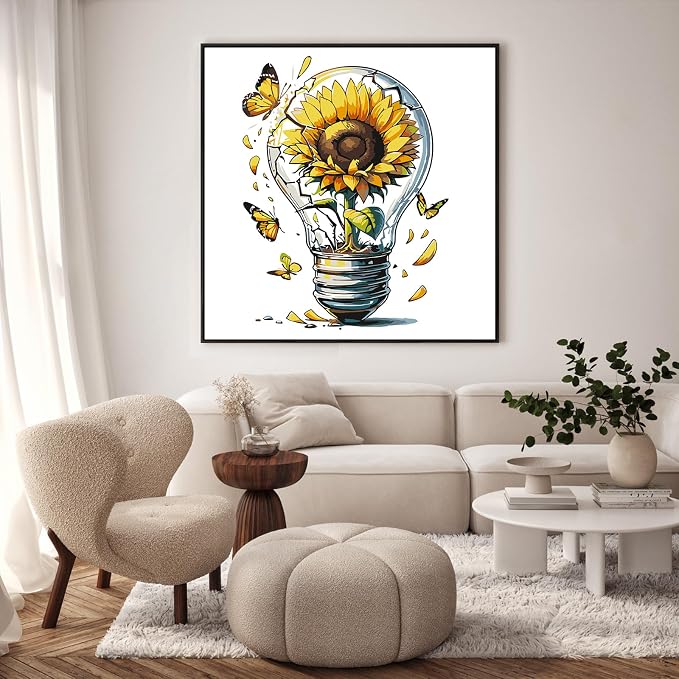 Framed Paint by Numbers Kit for Adults, Sunflower Light Bulb, 10 x 10 Inch | DIY Adult Paint by Number Kit for Beginners, Modern Wall Decor, Stress Relief Craft Gift, Creative Hobby