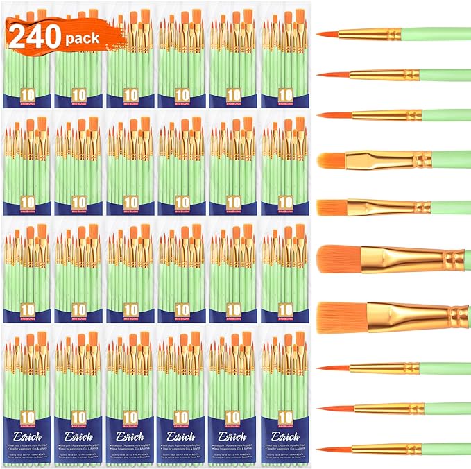 ESRICH 240PCS Paint Brushes, Paint Brush for Acrylic Painting | Artist Paintbrushes for Oil Watercolor, Body Face Rock Canvas, Small Paint Brushes for Kids, Green