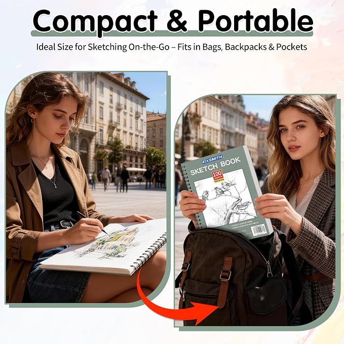 FIXSMITH 9"X12" Sketch Book, 100 Sheets, 68 lb/100gsm Sketchbook, Green | Acid Free Drawing Paper | Spiral Bound Artist Sketch Pad | for Kids, Beginners, Artists & Professionals | Bright White